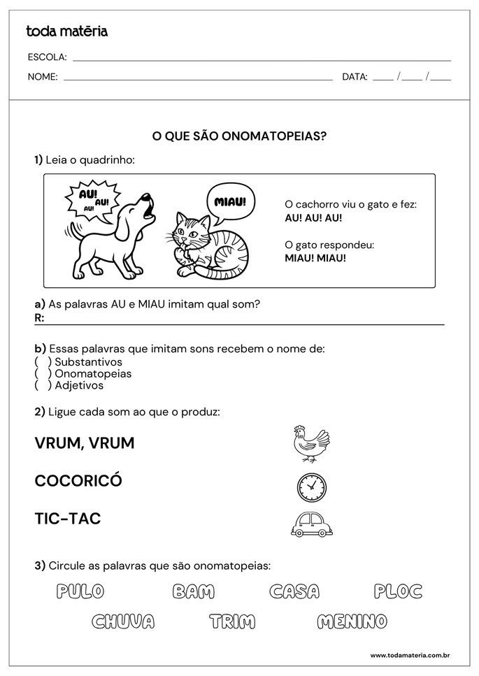 Atividades sobre onomatopeias para 2&ordm; ano do Fundamental (para imprimir).
