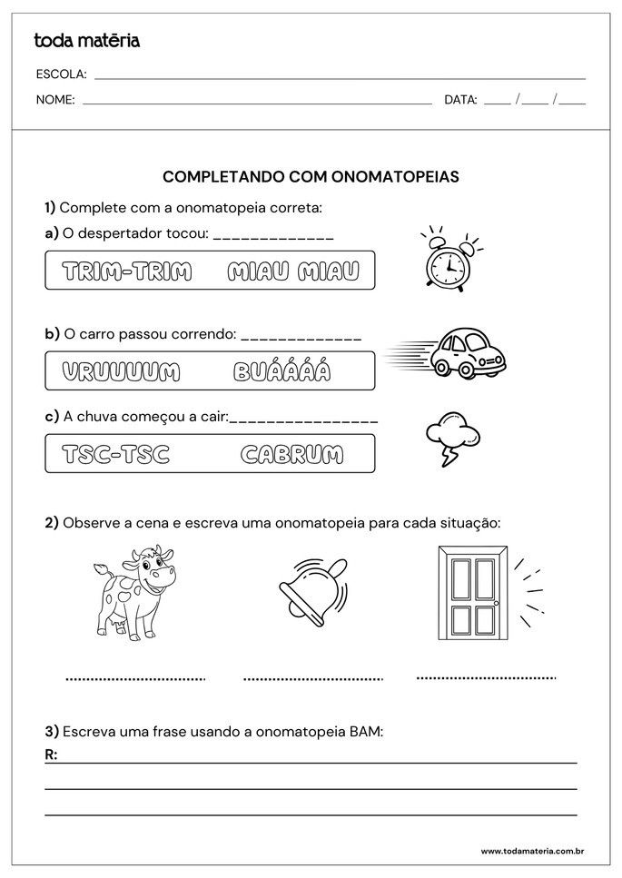 Atividades sobre onomatopeias para 2&ordm; ano do Fundamental (para imprimir).