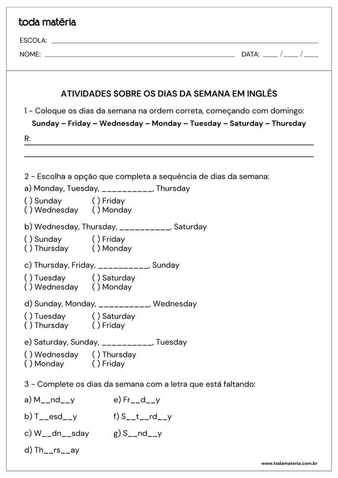 atividades de ordene, múltipla escolha e complete de dias da semana em inglês