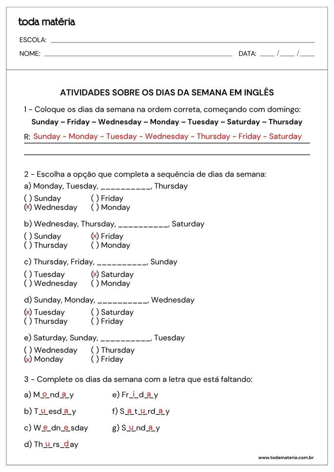 atividades de ordene, múltipla escolha e complete de dias da semana em inglês_gabarito