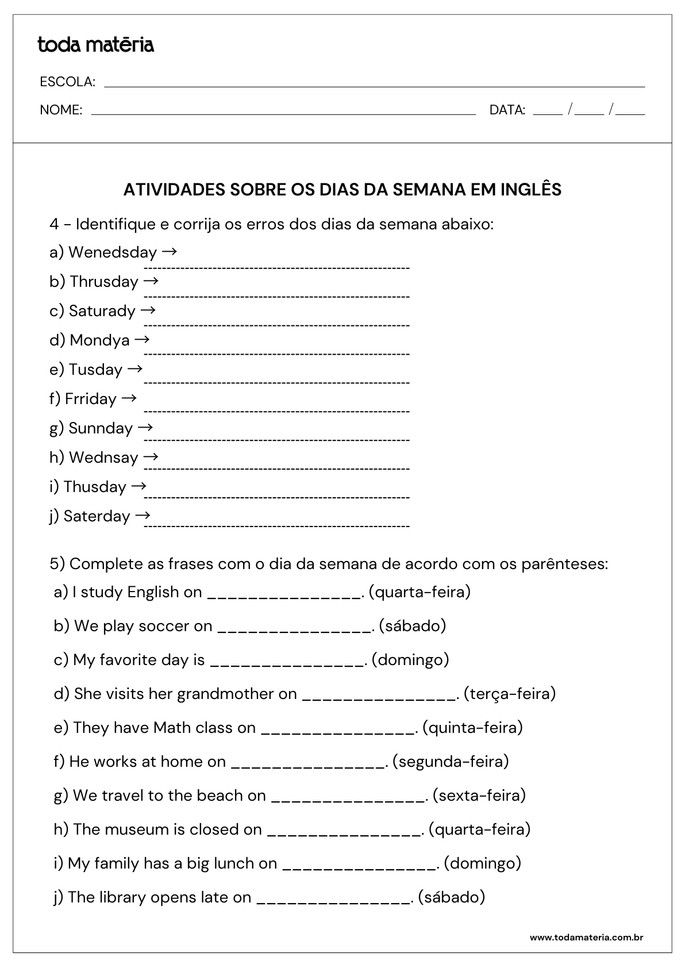 atividades de corrigir e completar de dias da semana em inglês