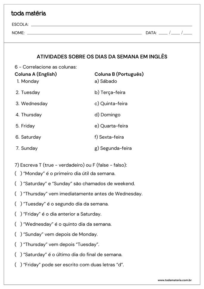 atividades de correlacione e de verdadeiro ou falso de dias da semana em inglês