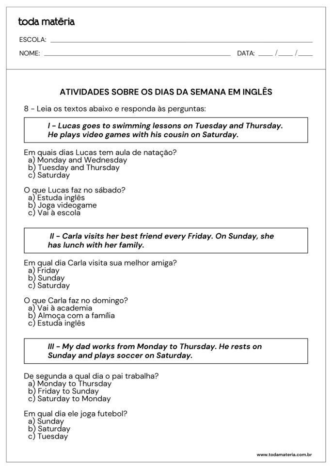 atividades de múltipla escolha sobre dias da semana em inglês
