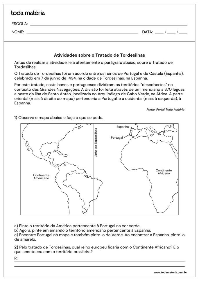 atividade sobre o tratado de tordesilhas para pintar mapa e responder quest&atilde;o aberta