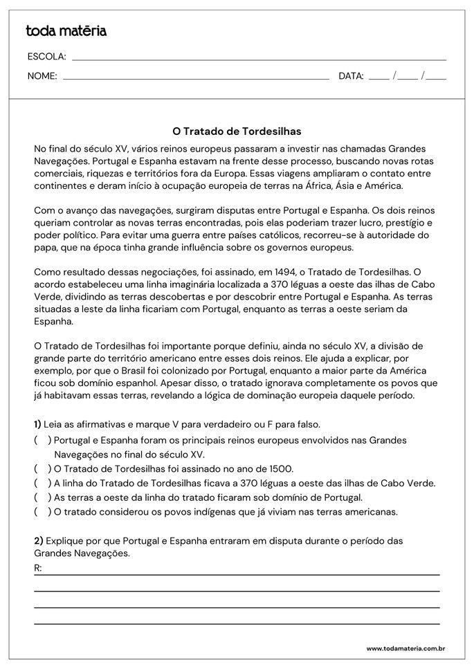 atividade sobre o tratado de tordesilhas de verdadeiro ou falso e quest&atilde;o aberta