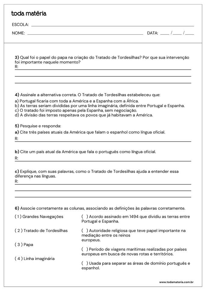 atividade sobre o tratado de tordesilhas com quest&atilde;o aberta, m&uacute;ltipla escolha e associa&ccedil;&atilde;o de colunas