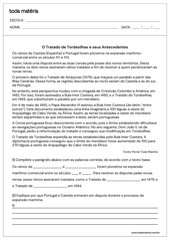 atividade sobre o tratado de tordesilhas com complete e quest&atilde;o aberta