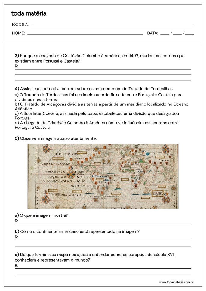 atividade sobre o tratado de tordesilhas com quest&atilde;o aberta e m&uacute;ltipla escolha