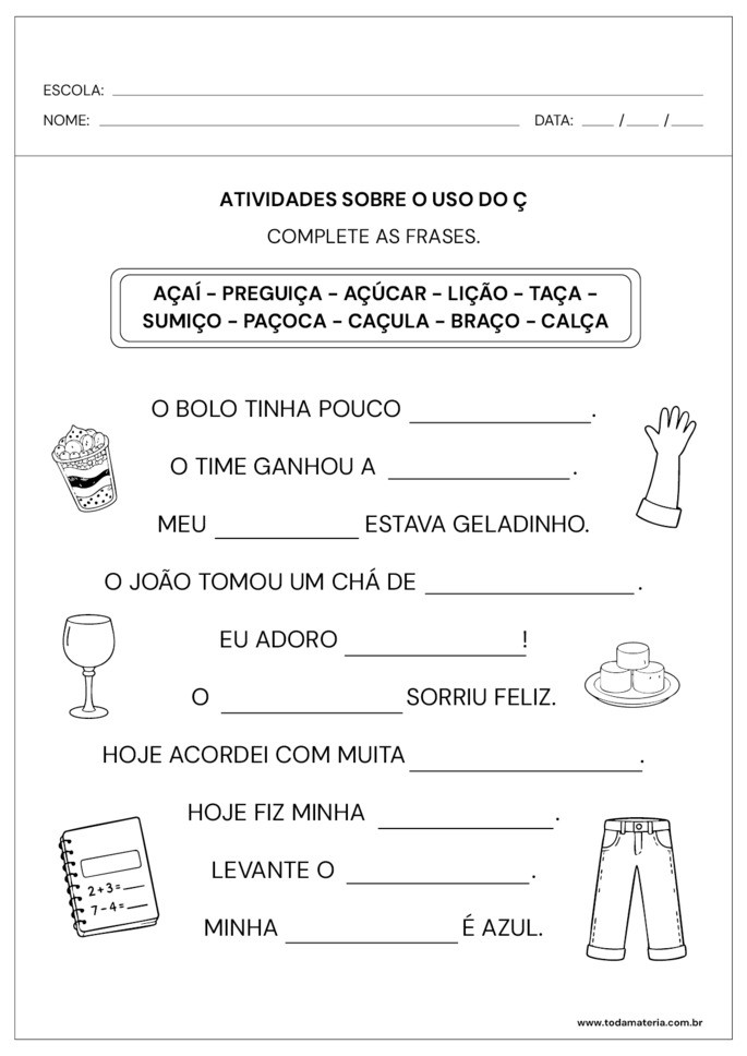 atividade de complete frases sobre o uso do &ccedil;