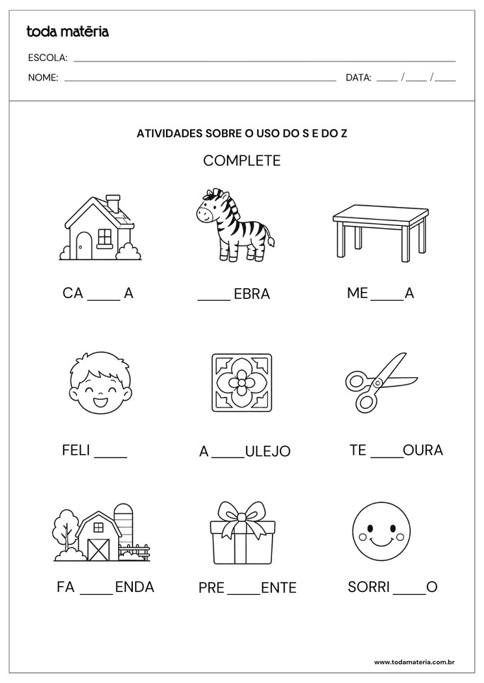Atividade de completar palavras com S e Z