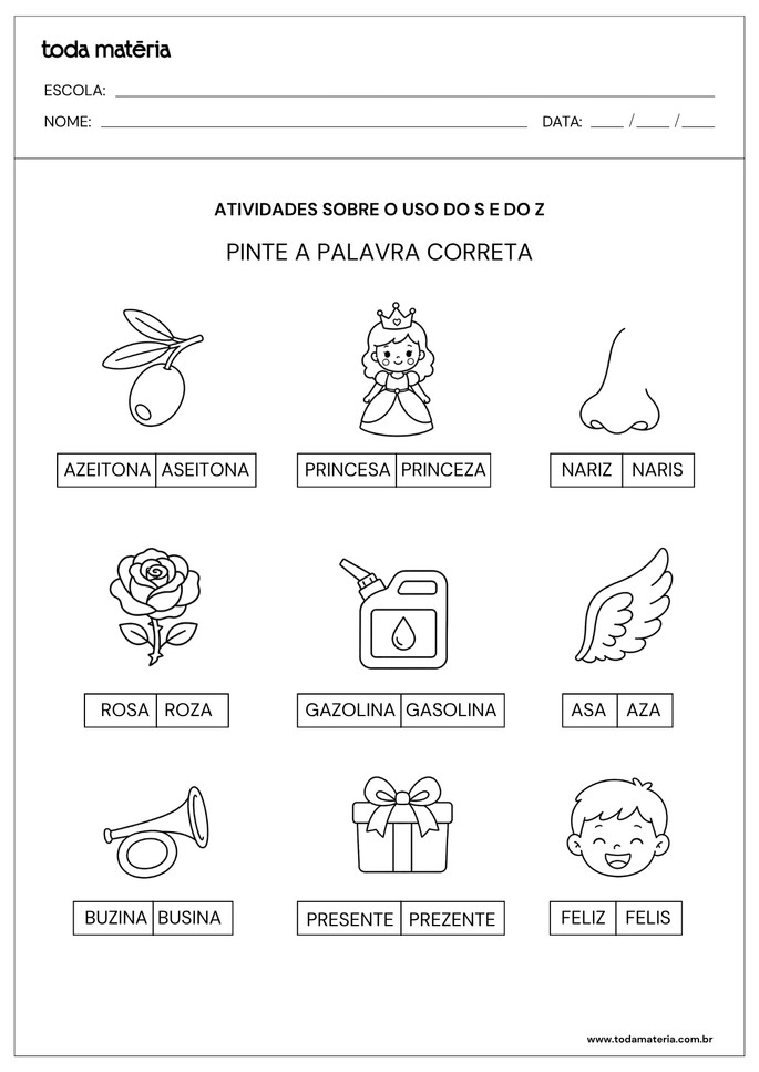 Atividade de pintar palavras corretas com S e Z