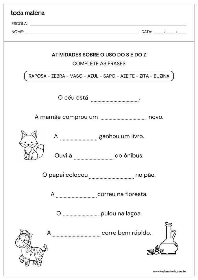 Atividade de completar frases sobre o uso do S e do Z