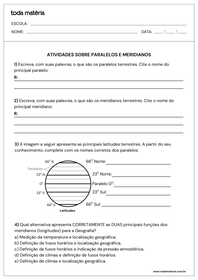 Folha de atividade 1 - Paralelos e Meridianos