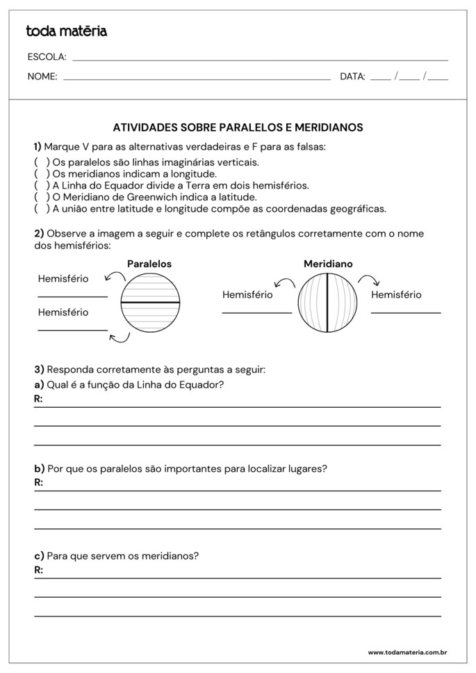 Folha de atividade 3 - Paralelos e Meridianos