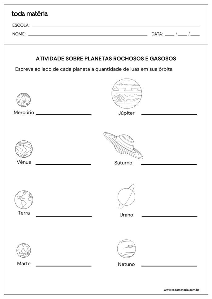 Atividade de complete sobre luas dos planetas rochosos e gasosos