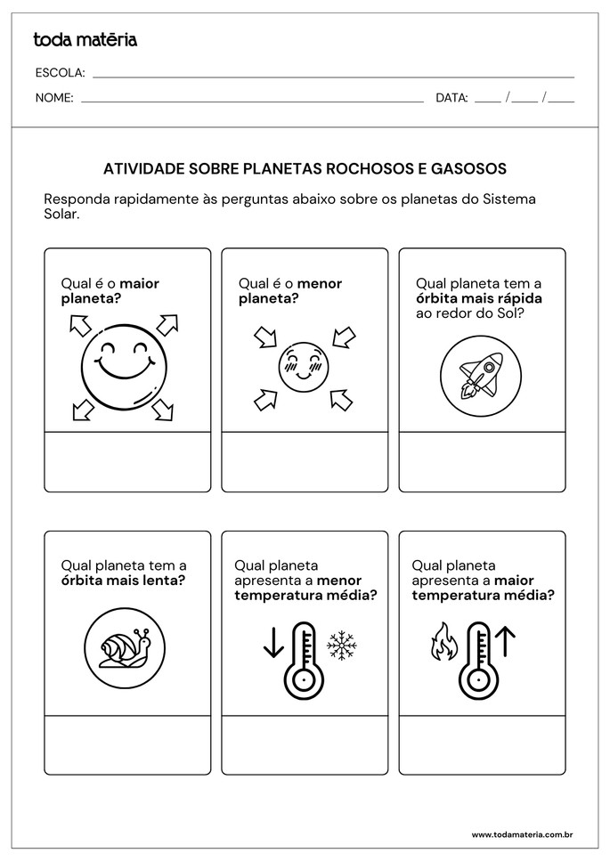 Perguntas sobre planetas rochosos e gasosos