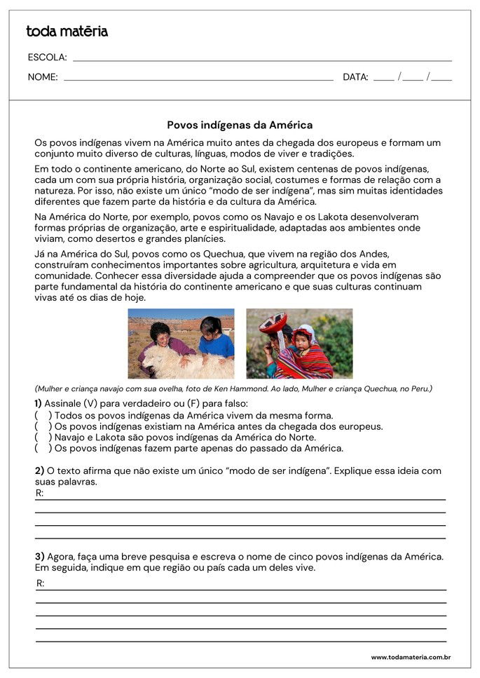 atividades de verdadeiro ou falso e quest&otilde;es abertas sobre povos ind&iacute;genas das am&eacute;ricas