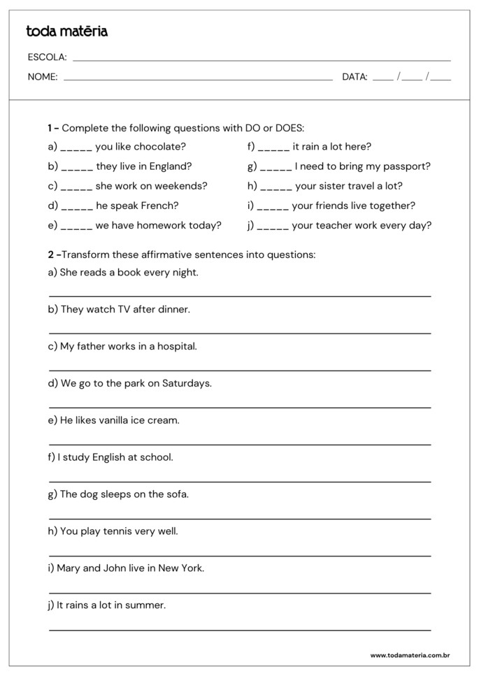 atividades sobre quando usar do e does_completar e transformar frases interrogativas