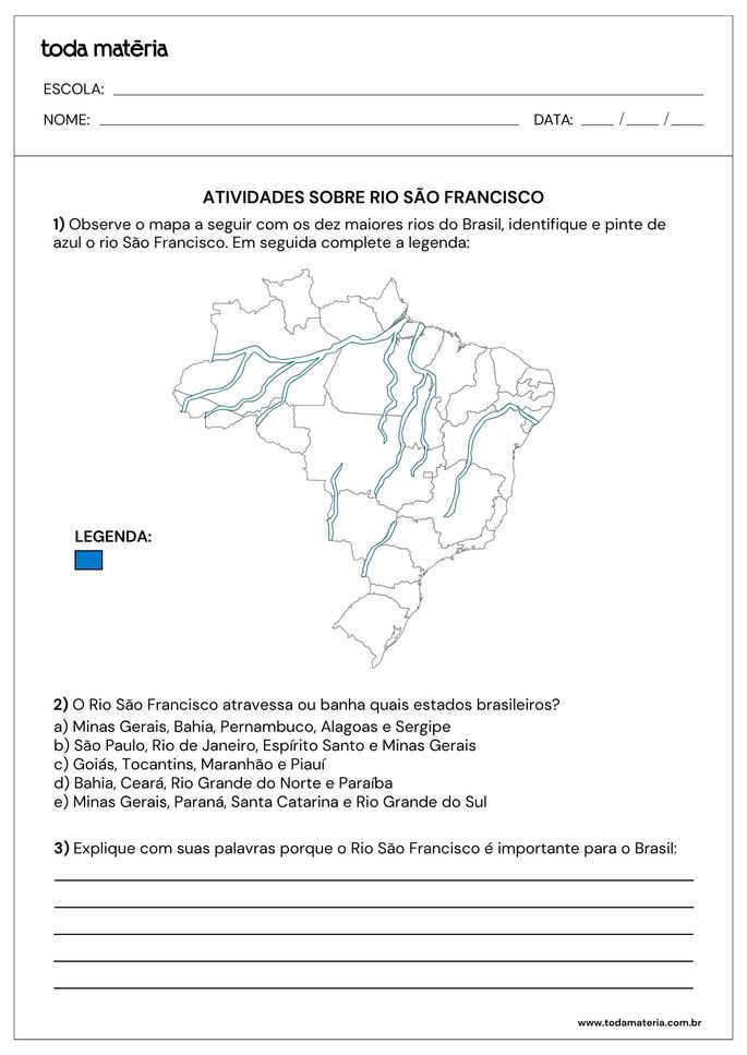 Folha de atividades 1 - Rio S&atilde;o Francisco