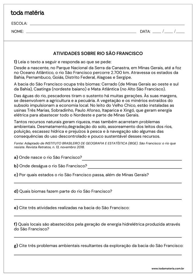 Folha de atividades 3 - Rio S&atilde;o Francisco