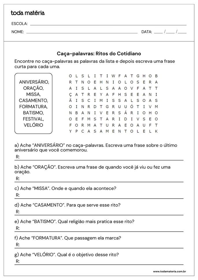 Folha de atividades sobre o tema ritos religiosos para alunos do ensino fundamental