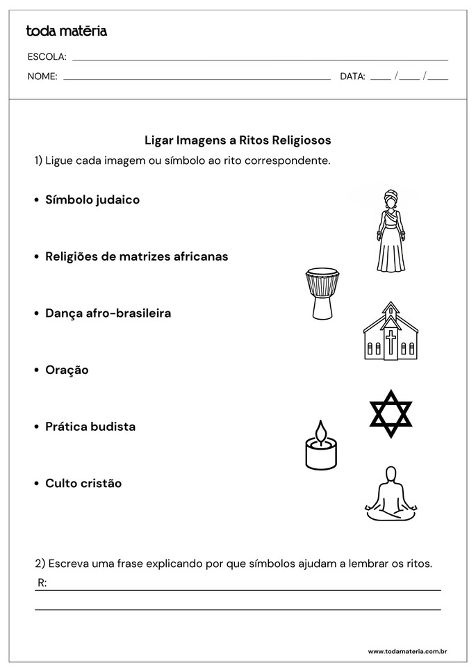 Folha de atividades sobre o tema ritos religiosos para alunos do ensino fundamental