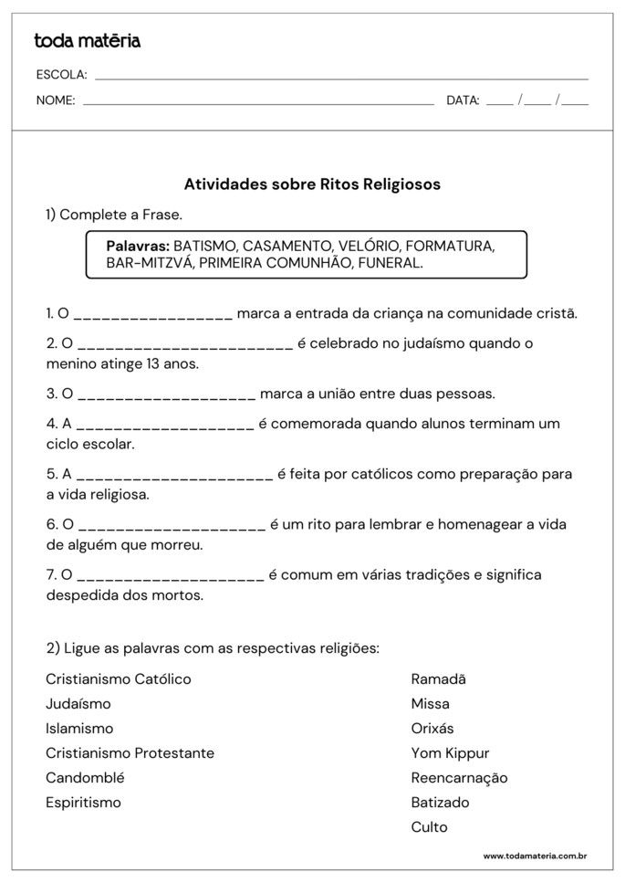 Folha de atividades sobre o tema ritos religiosos para alunos do ensino fundamental