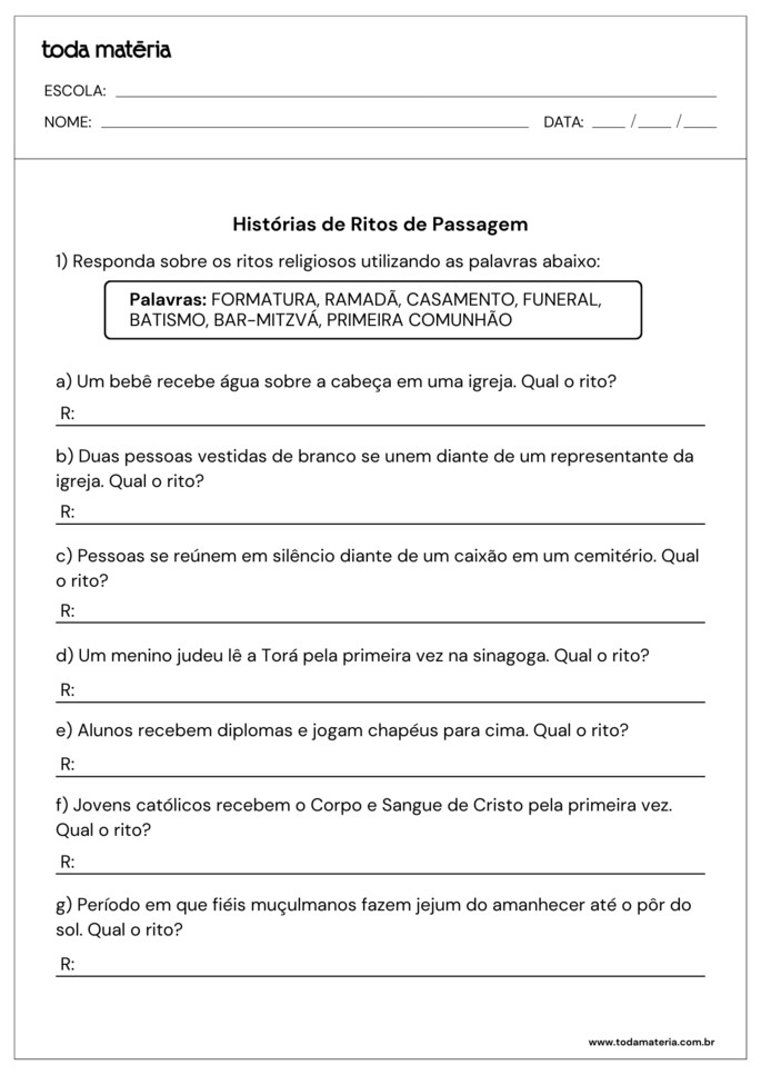Folha de atividades sobre o tema ritos religiosos para alunos do ensino fundamental