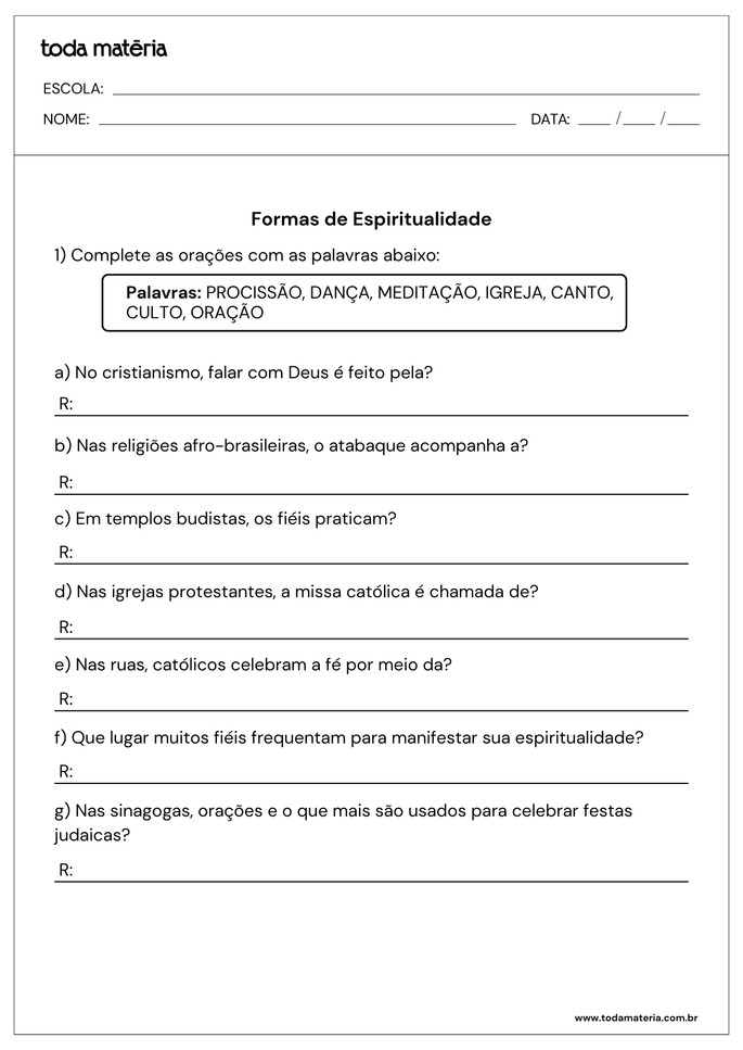 Folha de atividades sobre o tema ritos religiosos para alunos do ensino fundamental