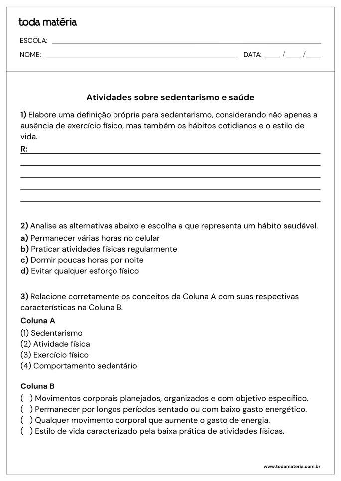 Atividade com perguntas e relacione sobre sedentarismo e sa&uacute;de