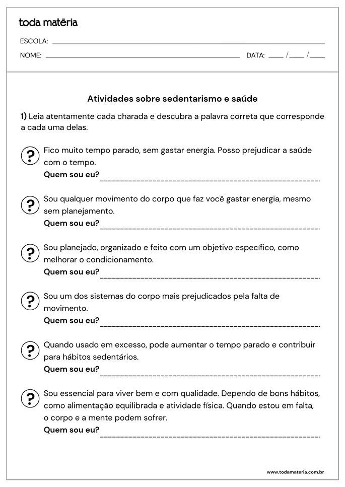Atividade com charadas sobre sedentarismo e sa&uacute;de