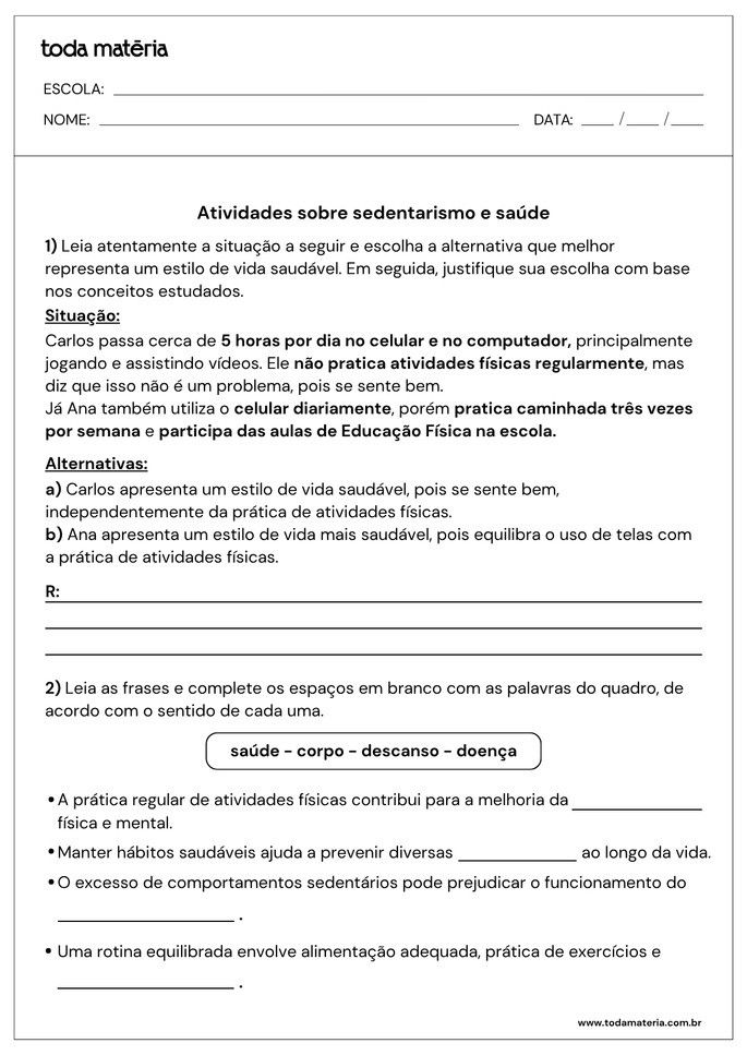 Atividade com pergunta e complete sobre sedentarismo e sa&uacute;de