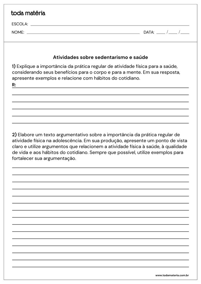 Atividade com pergunta e elabora&ccedil;&atilde;o de texto argumentativo sobre sedentarismo e sa&uacute;de