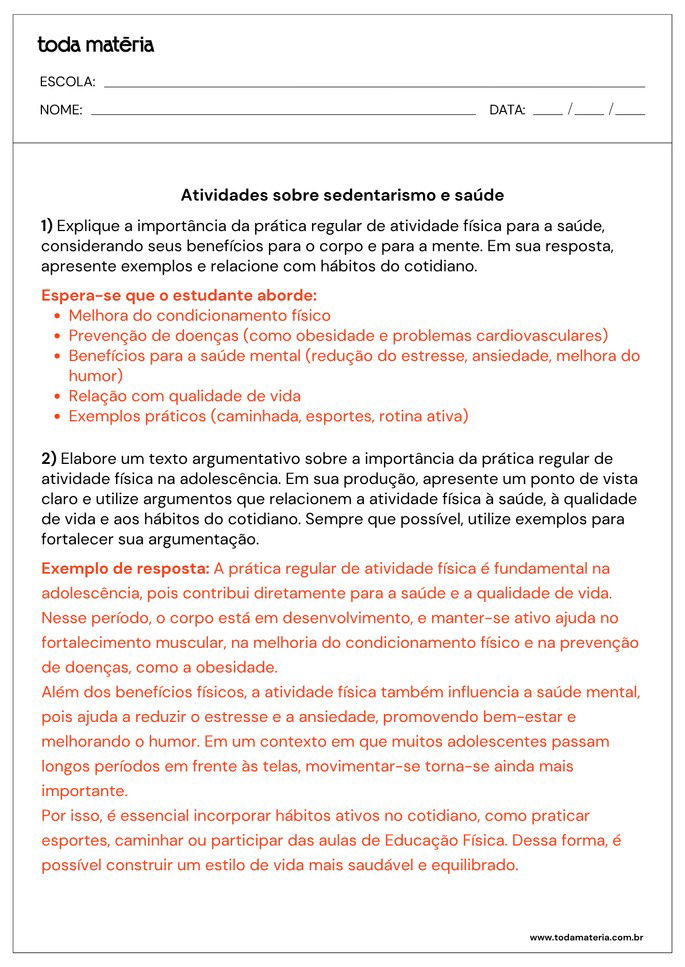 Resposta de atividade com pergunta e elaboração de texto argumentativo sobre sedentarismo e saúde