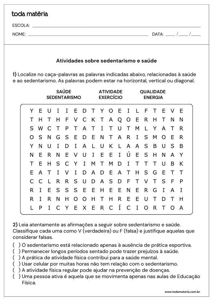 Atividade de ca&ccedil;a-palavras e verdadeiro ou falso sobre sedentarismo e sa&uacute;de