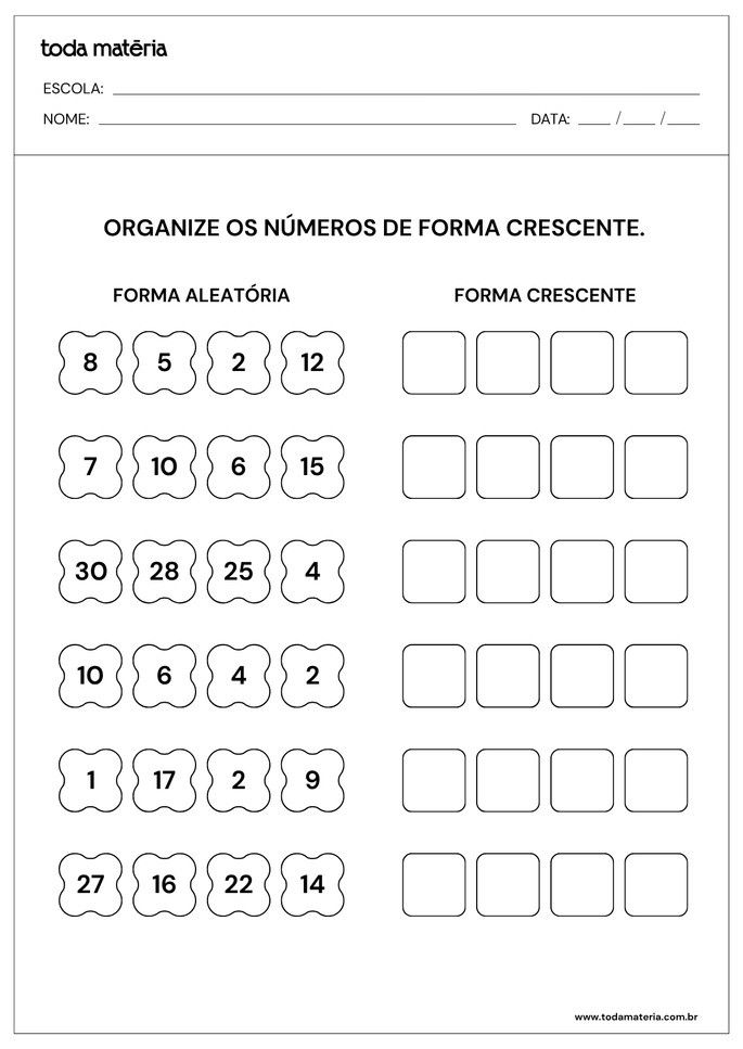 Atividade sobre sequ&ecirc;ncia num&eacute;rica crescente