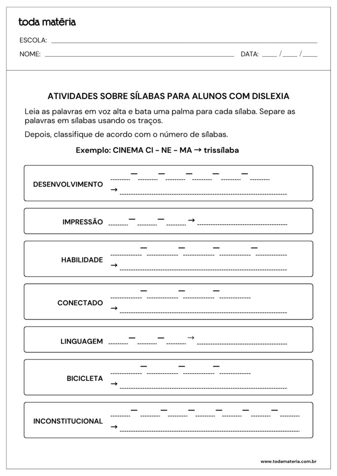 atividade de separação de sílabas para alunos com dislexia 7º ano