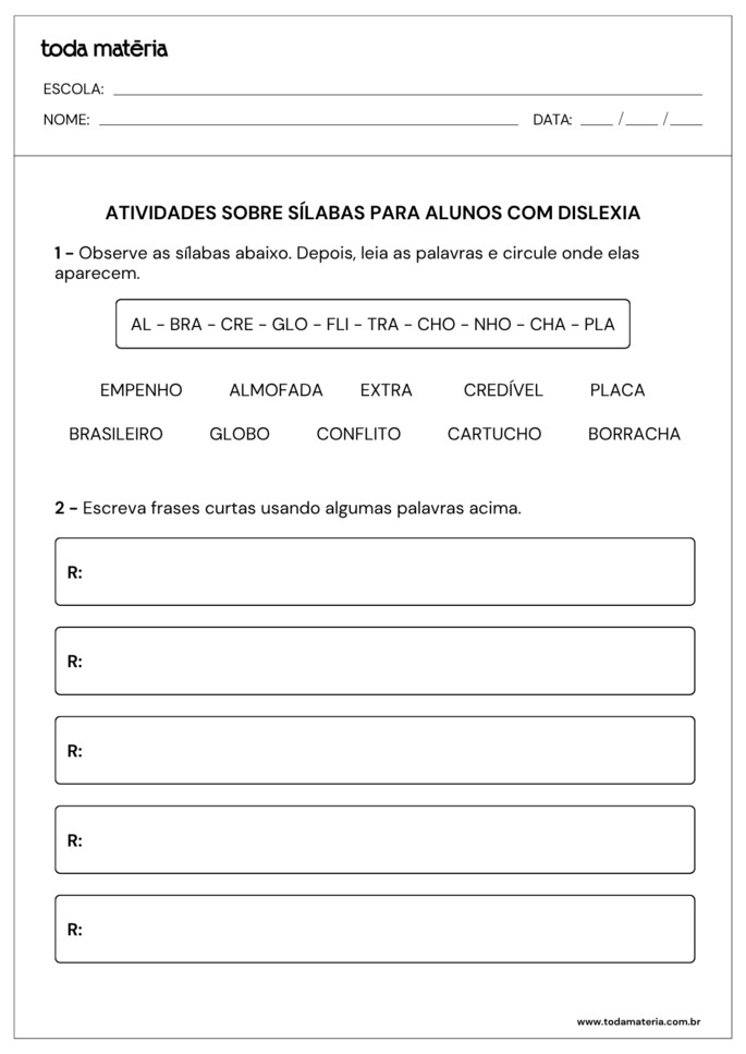 atividade de identificação de sílabas complexas para alunos com dislexia 7º ano