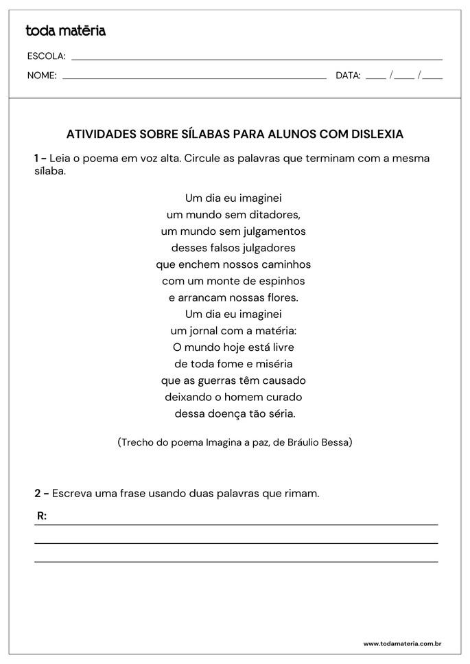 atividade sobre sílabas com poema para alunos com dislexia 7º ano