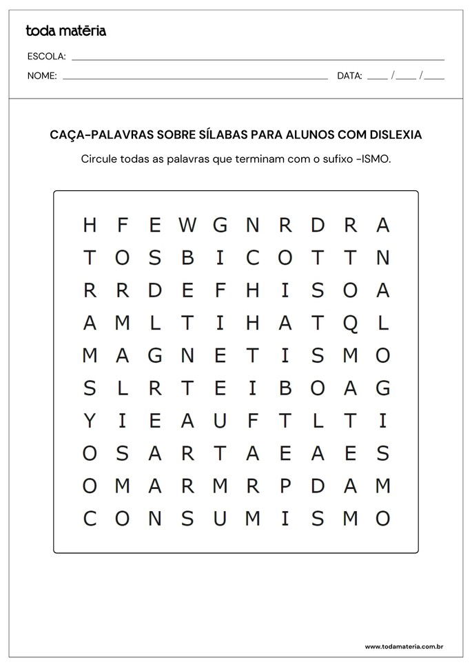 caça-palavras com sufixo -ismo para alunos com dislexia 7º ano