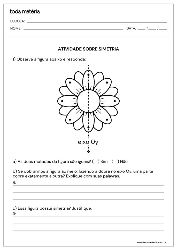 atividade sobre simetria com observa&ccedil;&atilde;o de flor e perguntas abertas