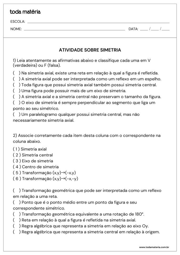 atividade sobre simetria de verdadeiro ou falso e associe