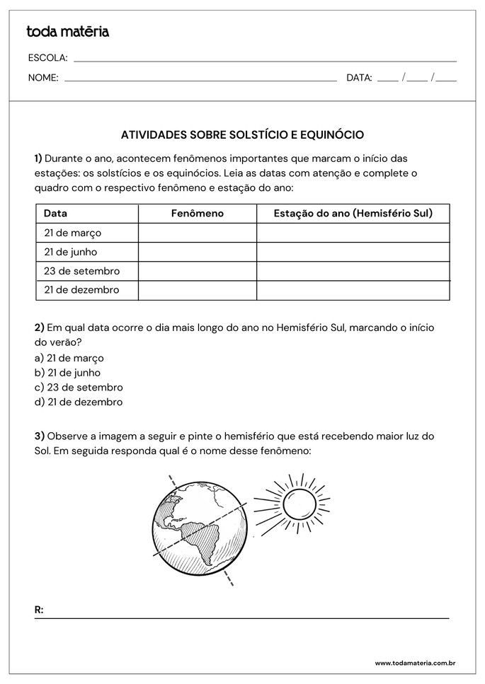 Folha de atividade 2 - Solst&iacute;cio e Equin&oacute;cio