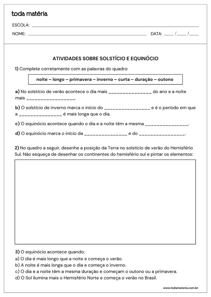 Folha de atividade 4 - Solst&iacute;cio e Equin&oacute;cio