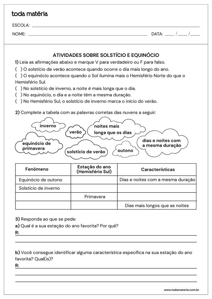 Folha de atividade 5 - Solst&iacute;cio e Equin&oacute;cio