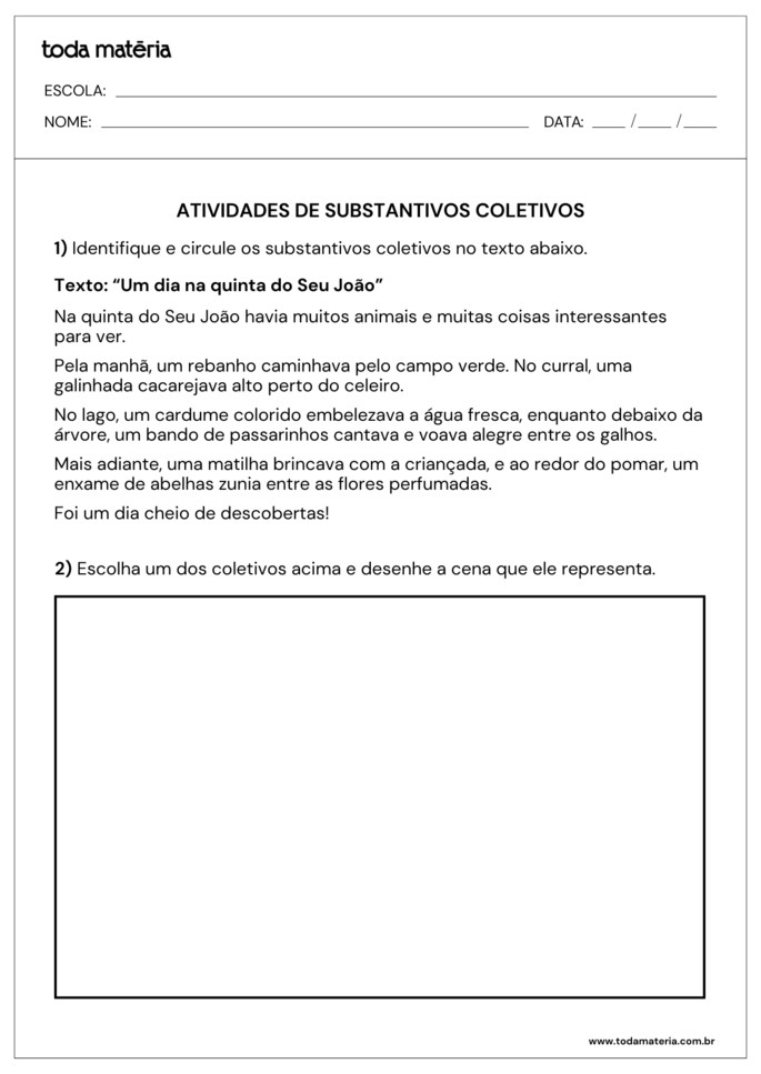 atividade para identificar em texto e desenhar substantivos coletivos