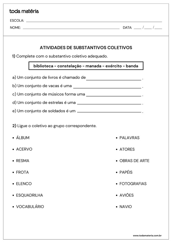 atividade de complete e ligue sobre substantivos coletivos para o 4&ordm; ano