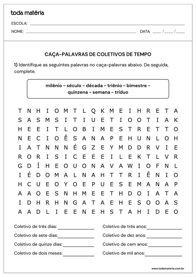 atividade de ca&ccedil;a-palavras sobre substantivos coletivos de tempo