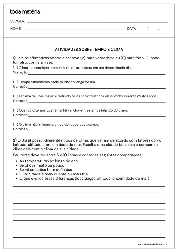Folha de atividades 3 - Tempo e clima