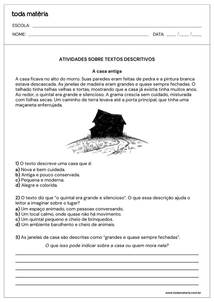atividades de interpreta&ccedil;&atilde;o de textos descritivos com quest&otilde;es aberta e de m&uacute;ltipla escolha